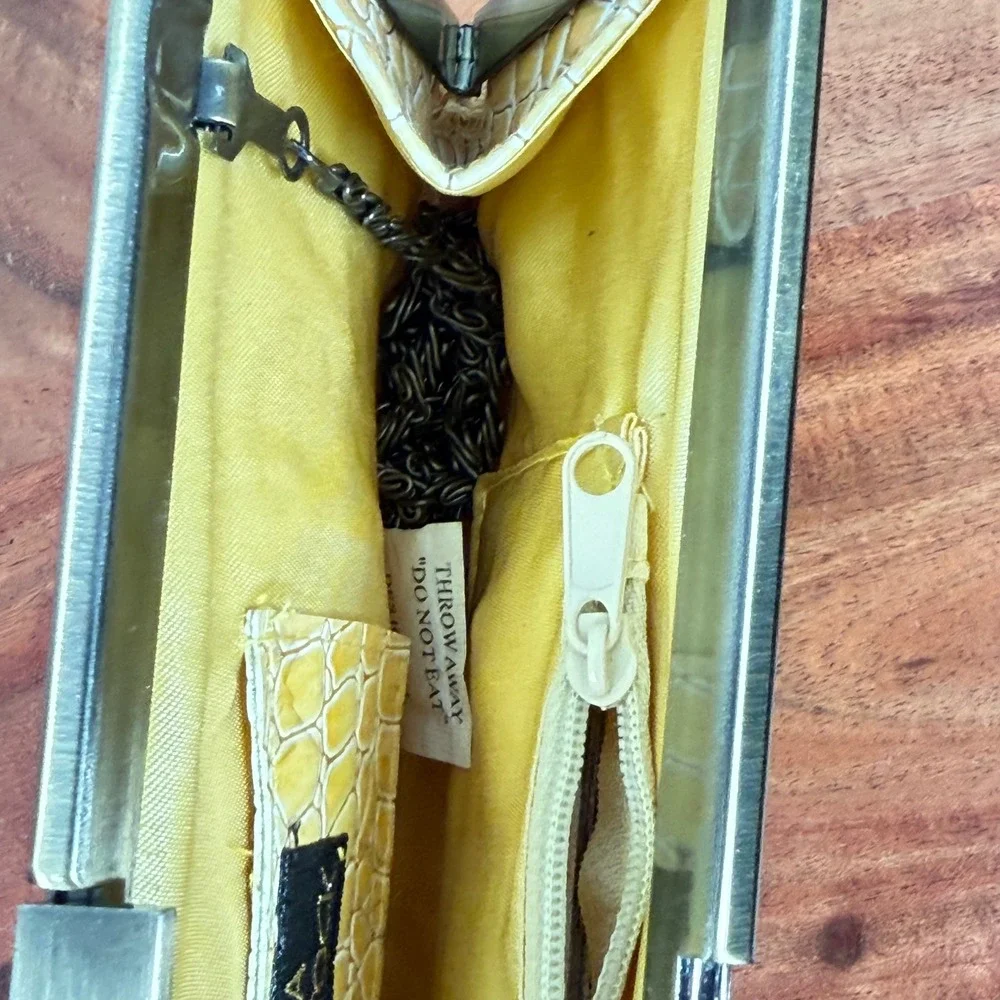 Jessica McClintock Yellow Croc Embossed Clutch Evening Bag w Brass Frame & Chain